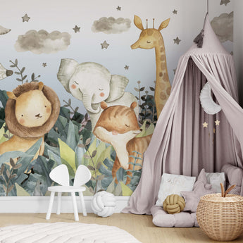 NEW! Peel and Stick Jungle Safari Animals Nursery Baby Removable Wallpaper - Lion Cub Elephant Giraffe Parrot