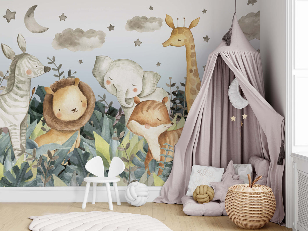 NEW! Peel and Stick Jungle Safari Animals Nursery Baby Removable Wallpaper - Lion Cub Elephant Giraffe Parrot