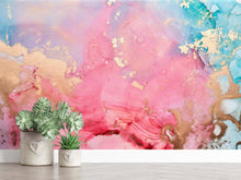 Boho Dreamy Pink Turquoise Gold Watercolour Abstract Wall Mural - Pink Blue Pastel Peach Rainbow - Traditional or Peel and Stick wallpaper