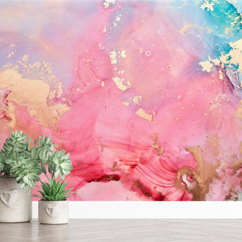 Boho Dreamy Pink Turquoise Gold Watercolour Abstract Wall Mural - Pink Blue Pastel Peach Rainbow - Traditional or Peel and Stick wallpaper