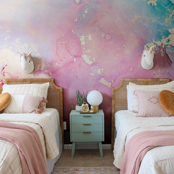 Boho Dreamy Pink Turquoise Gold Watercolour Abstract Wall Mural - Pink Blue Pastel Peach Rainbow - Traditional or Peel and Stick wallpaper