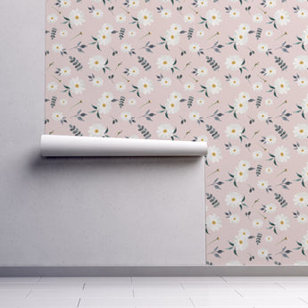 Peel and Stick Nursery Wallpaper - Vintage Daisy Eucalyptus Watercolour Peach and Pink Flower Floral Pattern