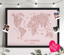 Personalised Rosalie Illustrated World Travel Map - Boho Blush Pink FRAMED MAP - 100 FREE Chrome pins included