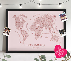 Personalised Rosalie Illustrated World Travel Map - Boho Blush Pink FRAMED MAP - 100 FREE Chrome pins included