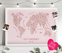 Personalised Rosalie Illustrated World Travel Map - Boho Blush Pink FRAMED MAP - 100 FREE Chrome pins included