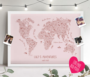 Personalised Rosalie Illustrated World Travel Map - Boho Blush Pink FRAMED MAP - 100 FREE Chrome pins included