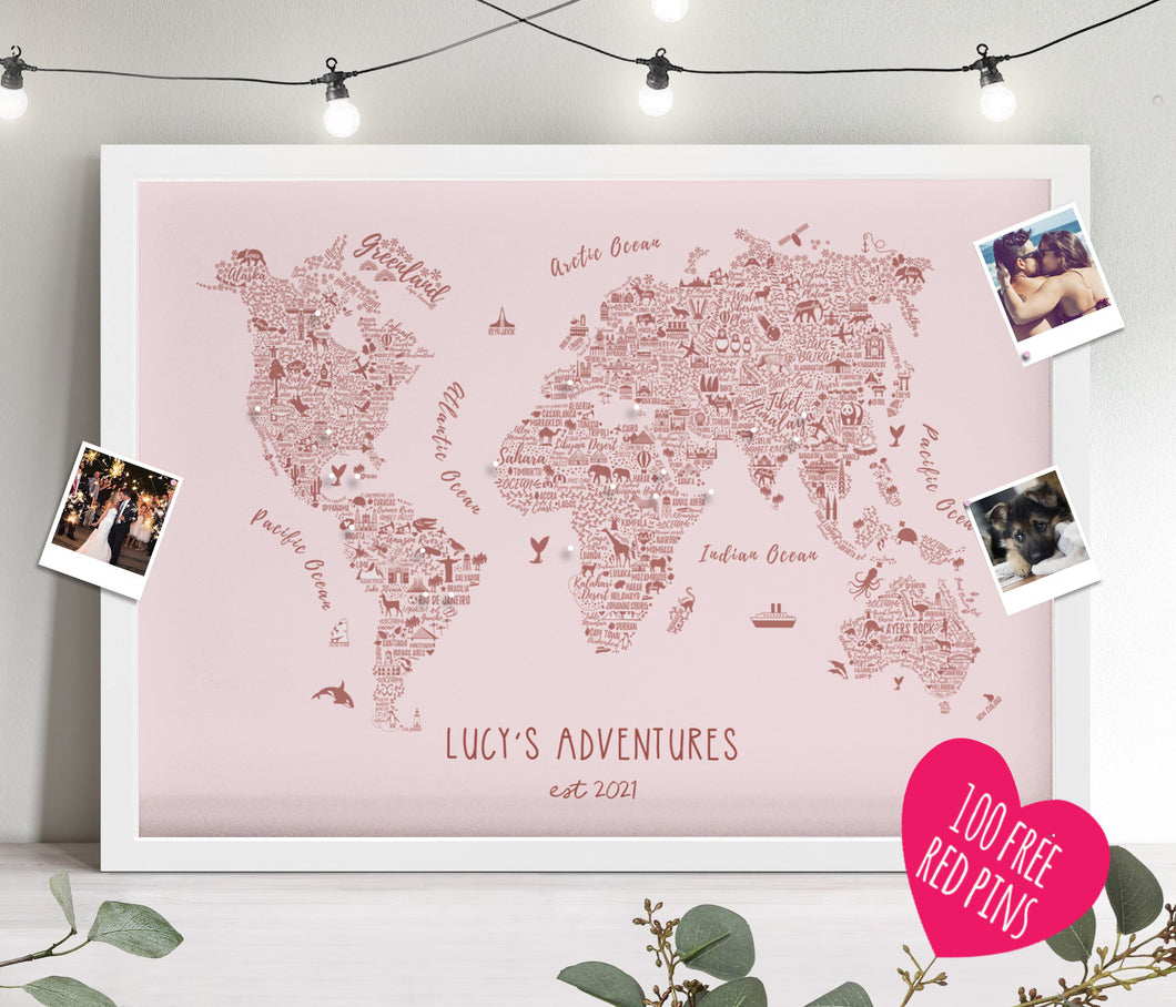 Personalised Rosalie Illustrated World Travel Map - Boho Blush Pink FRAMED MAP - 100 FREE Chrome pins included
