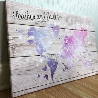 Personalised WATERCOLOUR WORLD Travel Map Pin Board