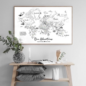 Personalised FRAMED Travel World Map Push Pin-board WITH ANIMALS