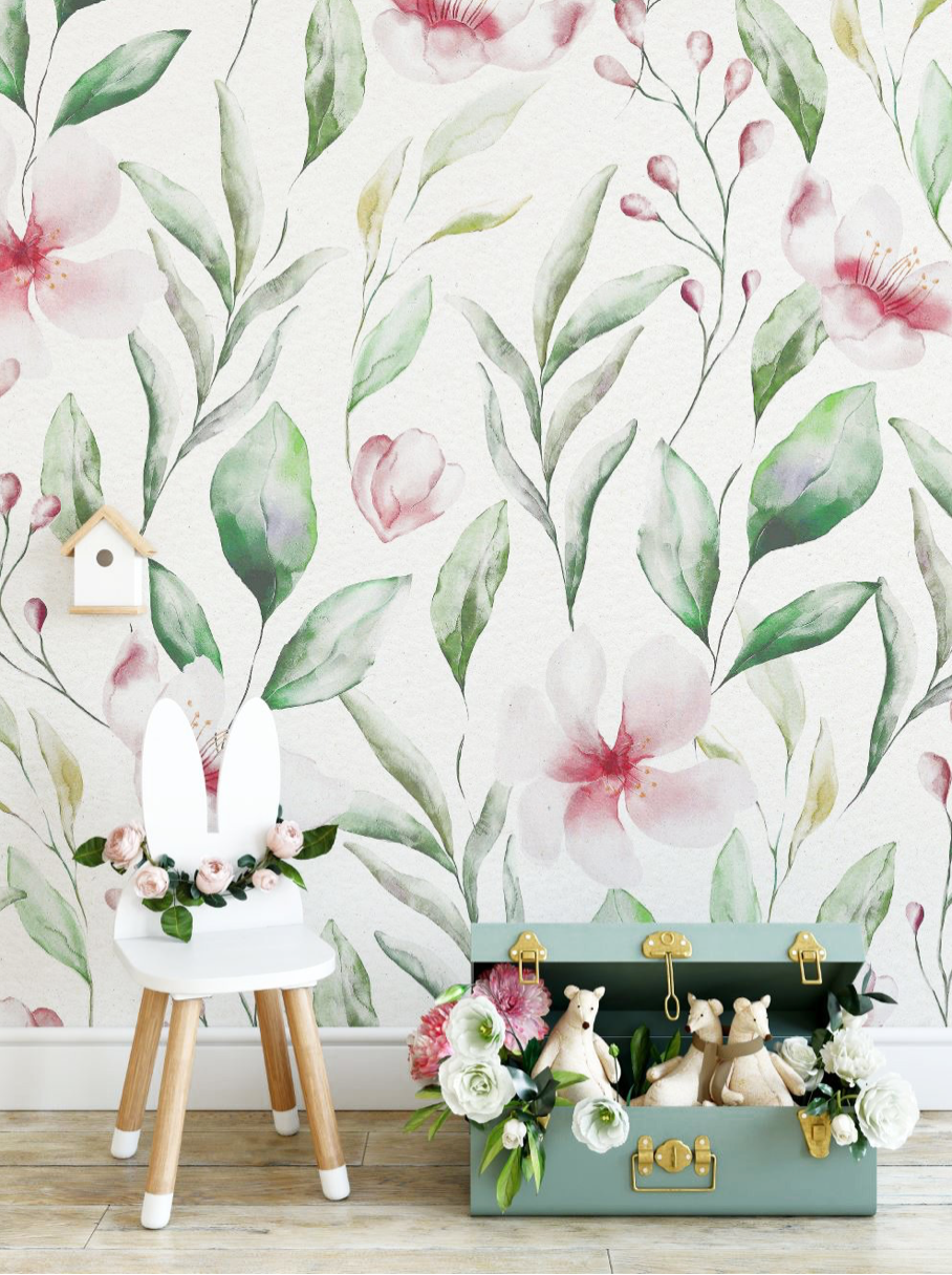 Peel and Stick Nursery Wallpaper Watercolour Flower Peach and Pink ...