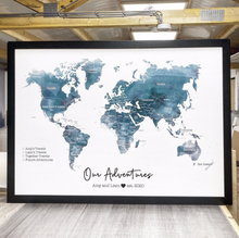 Personalised FRAMED WATERCOLOUR Travel World Map Push Pin-board