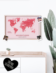 NEON Pastel Shades Personalised FRAMED WATERCOLOUR Travel World Map Push Pin-board