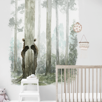 FABRIC Peek-a-boo Bear Nursery Wall Stickers / Decals - Childrens Bedroom, Woodland, Forest, Cute, New Baby, Boho Kids Bedroom - Fireflies Designs