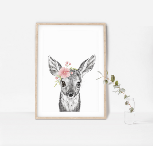 Hand drawn Baby Deer Fawn Bambi Cub PRINT ONLY UNFRAMED