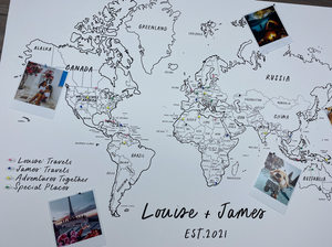 Hand Drawn Personalised FRAMED Travel World Map Push Pin-board