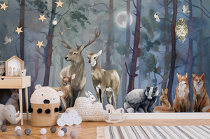 Kids Nursery Twilight Forest Animals - Trees Wall Mural, Removable Wallpaper, Peel And Stick, Wall Covering, Self adhesive, Wall Decor