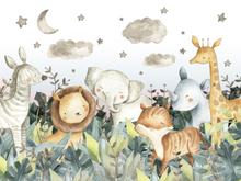 NEW! Peel and Stick Jungle Safari Animals Nursery Baby Removable Wallpaper - Lion Cub Elephant Giraffe Parrot
