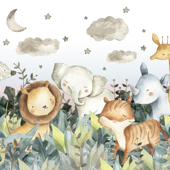 NEW! Peel and Stick Jungle Safari Animals Nursery Baby Removable Wallpaper - Lion Cub Elephant Giraffe Parrot