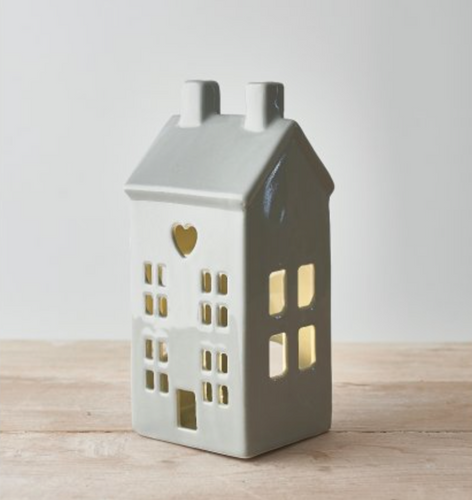 DAINTY GREY HOUSE T-LIGHT HOLDER, 21CM