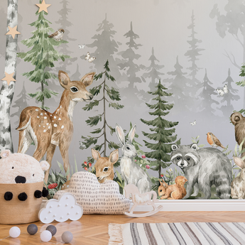 NEW! Peel and Stick Woodland Forest Animals Nursery Baby Removable Wallpaper - Trees Bear Mountains Deer Rabbit Flowers Fox
