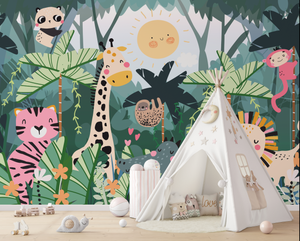 NEW! PEEL and STICK Jungle Safari Animals Nursery Baby Removable Wallpaper- Lion Cub Monkey Giraffe Panda Sloth Tiger