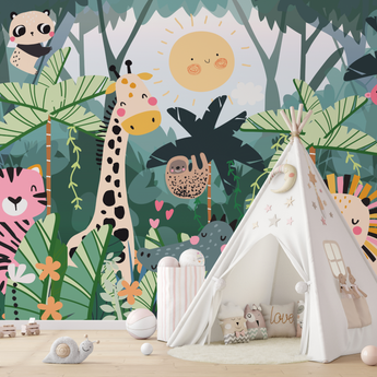 NEW! PEEL and STICK Jungle Safari Animals Nursery Baby Removable Wallpaper- Lion Cub Monkey Giraffe Panda Sloth Tiger