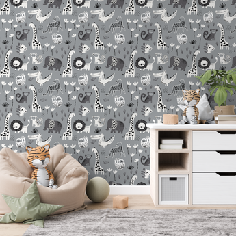 NEW! PEEL and STICK Jungle Safari Animal Pattern Nursery Baby Removable Wallpaper- Lion Cub Monkey Giraffe Panda Sloth Tiger