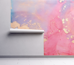 Boho Dreamy Pink Turquoise Gold Watercolour Abstract Wall Mural - Pink Blue Pastel Peach Rainbow - Traditional or Peel and Stick wallpaper
