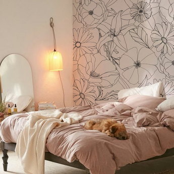 Boho Neutral Drawn Floral Wall Mural - Peel and Stick or Traditional Wallpaper - Girls Flower Bedroom