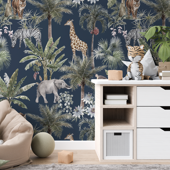 NEW! Peel and Stick Jungle Safari Animals Nursery Baby Removable and traditional Wallpaper - Lion Cub Elephant Giraffe Parrot