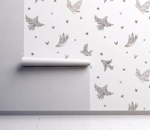 Peel and Stick or Traditional Ditsy Birdys Polka Dot Stars Monochrome Wallpaper Wall Mural - Office Home Nursery Removable wallpaper
