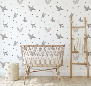 Peel and Stick or Traditional Ditsy Birdys Polka Dot Stars Monochrome Wallpaper Wall Mural - Office Home Nursery Removable wallpaper