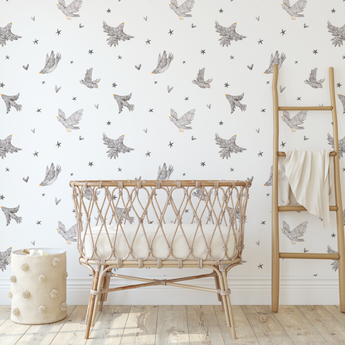 Peel and Stick or Traditional Ditsy Birdys Polka Dot Stars Monochrome Wallpaper Wall Mural - Office Home Nursery Removable wallpaper