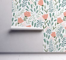 Peel and Stick or Traditional Nursery Wallpaper - Scandi Nordic Tulip Orange and Green Flower Floral Pattern