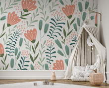 Peel and Stick or Traditional Nursery Wallpaper - Scandi Nordic Tulip Orange and Green Flower Floral Pattern