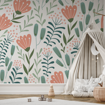 Peel and Stick or Traditional Nursery Wallpaper - Scandi Nordic Tulip Orange and Green Flower Floral Pattern