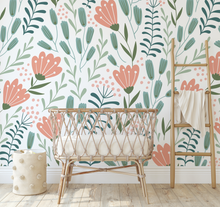 Peel and Stick or Traditional Nursery Wallpaper - Scandi Nordic Tulip Orange and Green Flower Floral Pattern
