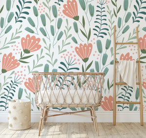Peel and Stick or Traditional Nursery Wallpaper - Scandi Nordic Tulip Orange and Green Flower Floral Pattern