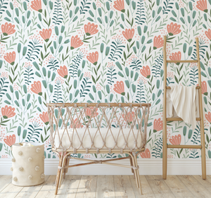 Peel and Stick or Traditional Nursery Wallpaper - Scandi Nordic Tulip Orange and Green Flower Floral Pattern