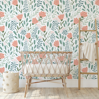 Peel and Stick or Traditional Nursery Wallpaper - Scandi Nordic Tulip Orange and Green Flower Floral Pattern