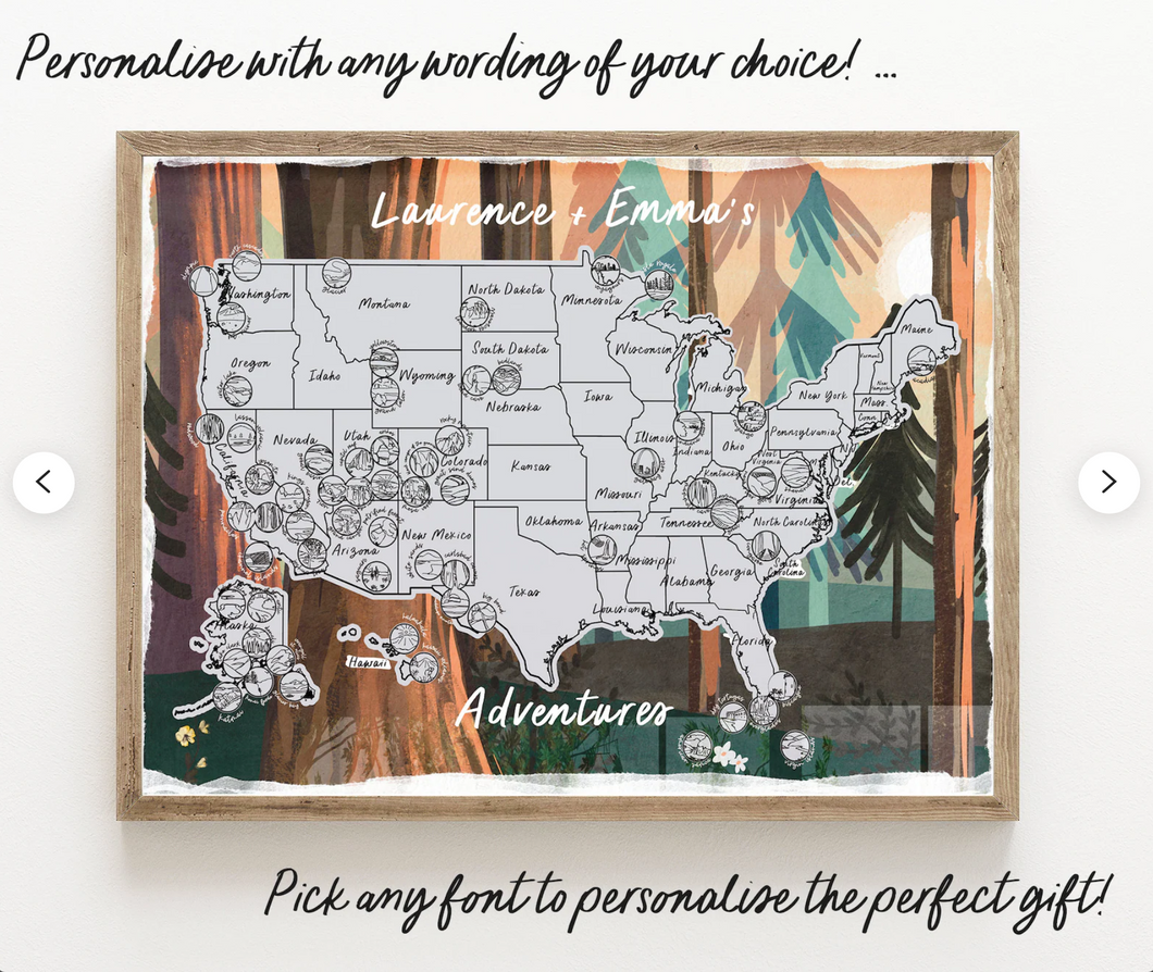 US National Parks Scratch Off Map Scratch Off Map Hand drawn Watercolour United States of America - Personalized / Personalised