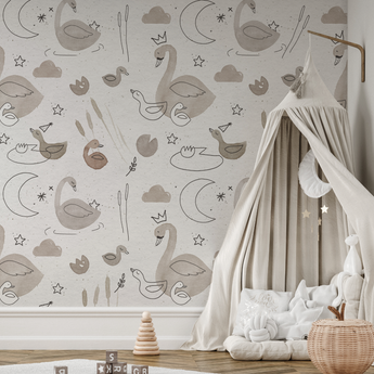 Swan Princess / Ducks and Ducklings Neutral Drawn Floral Wall Mural - Peel and Stick or Traditional Wallpaper - Girls Flower Bedroom