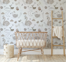 Swan Princess / Ducks and Ducklings Neutral Drawn Floral Wall Mural - Peel and Stick or Traditional Wallpaper - Girls Flower Bedroom