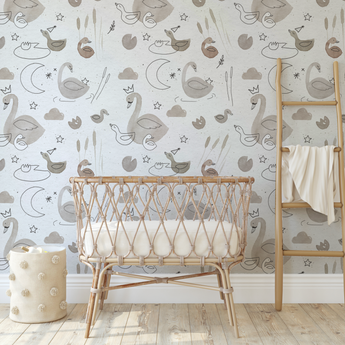 Swan Princess / Ducks and Ducklings Neutral Drawn Floral Wall Mural - Peel and Stick or Traditional Wallpaper - Girls Flower Bedroom