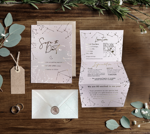 Celestial Boho Gold Foil and Blush Wedding Invites & Save the Dates - Horoscope, Written in the Stars, Moon, Starsigns, Stationery, Planning