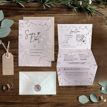 Celestial Boho Gold Foil and Blush Wedding Invites & Save the Dates - Horoscope, Written in the Stars, Moon, Starsigns, Stationery, Planning - Fireflies Designs