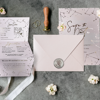Celestial Boho Gold Foil and Blush Wedding Invites & Save the Dates - Horoscope, Written in the Stars, Moon, Starsigns, Stationery, Planning - Fireflies Designs
