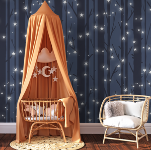 Peel and Stick and Traditional Starry Night Sky Wall Mural Nursery Bedroom Wallpaper - Stars Cresent Moon trees