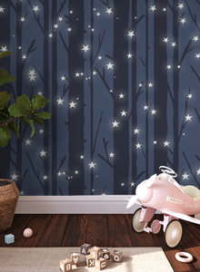 Peel and Stick and Traditional Starry Night Sky Wall Mural Nursery Bedroom Wallpaper - Stars Cresent Moon trees
