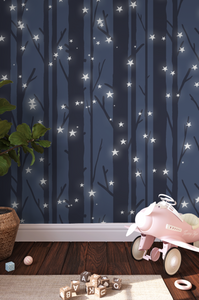 Peel and Stick and Traditional Starry Night Sky Wall Mural Nursery Bedroom Wallpaper - Stars Cresent Moon trees